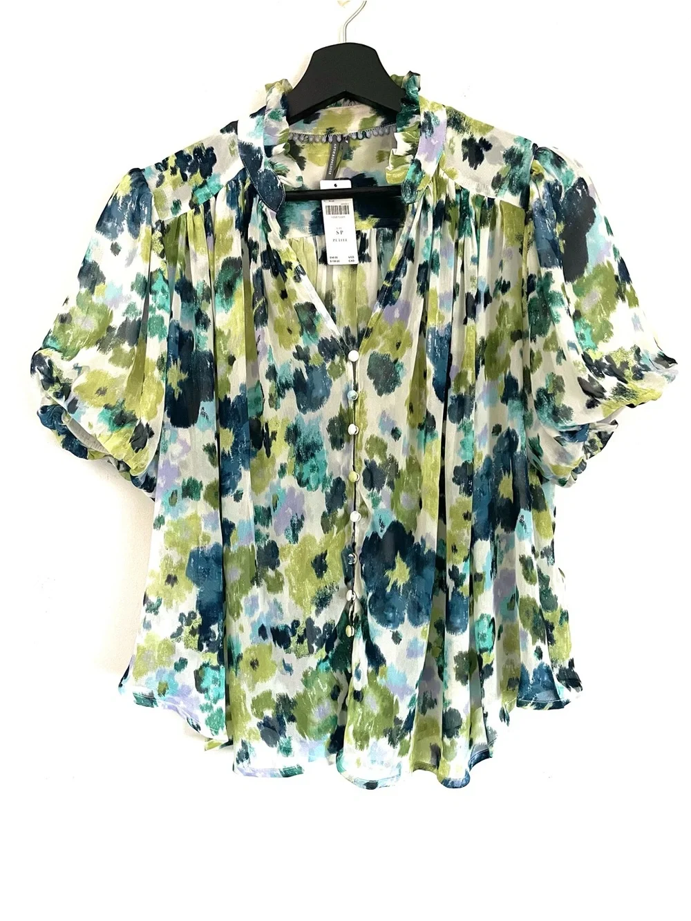 NWT The Estela Sheer Printed Blouse: Short Sleeve Edition Blue Floral SP Boho